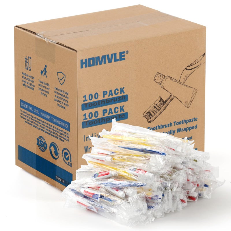 Homvle 100 Packs Disposable Toothbrushes with Toothpaste Individually Wrapped Travel Toothbrush and Toothpaste Buld for Travel Size Toiletries OCC Airbnb Dentist Office4 Colorful